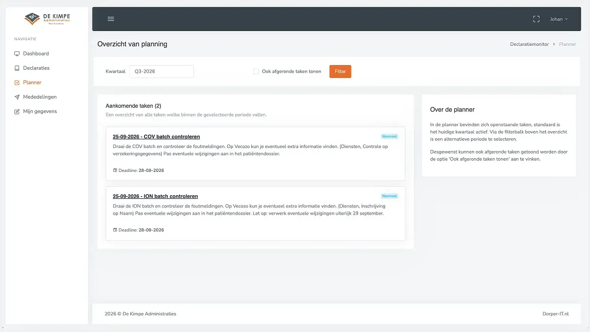 De planner van de Declaratiemonitor met openstaande taken en hun deadline
